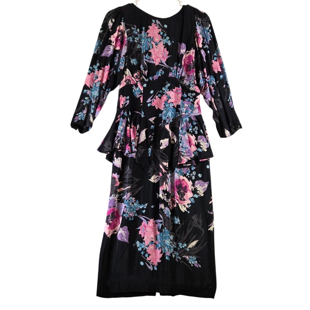 Vintage 80s Barbara Barbara Black Floral Peplum Midi Secretary Dress Rayon USA 6
